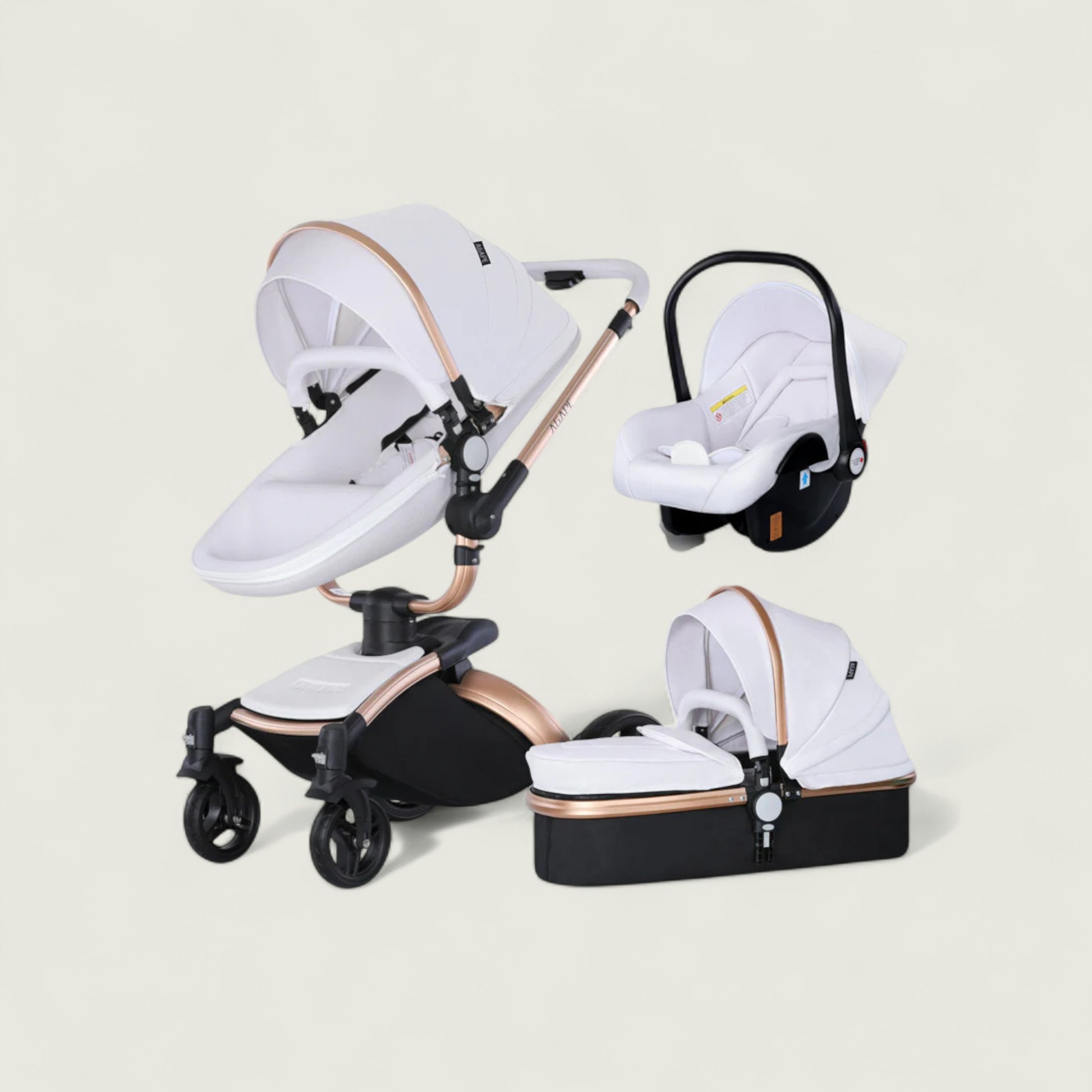 White baby stroller with black accents on a beige background