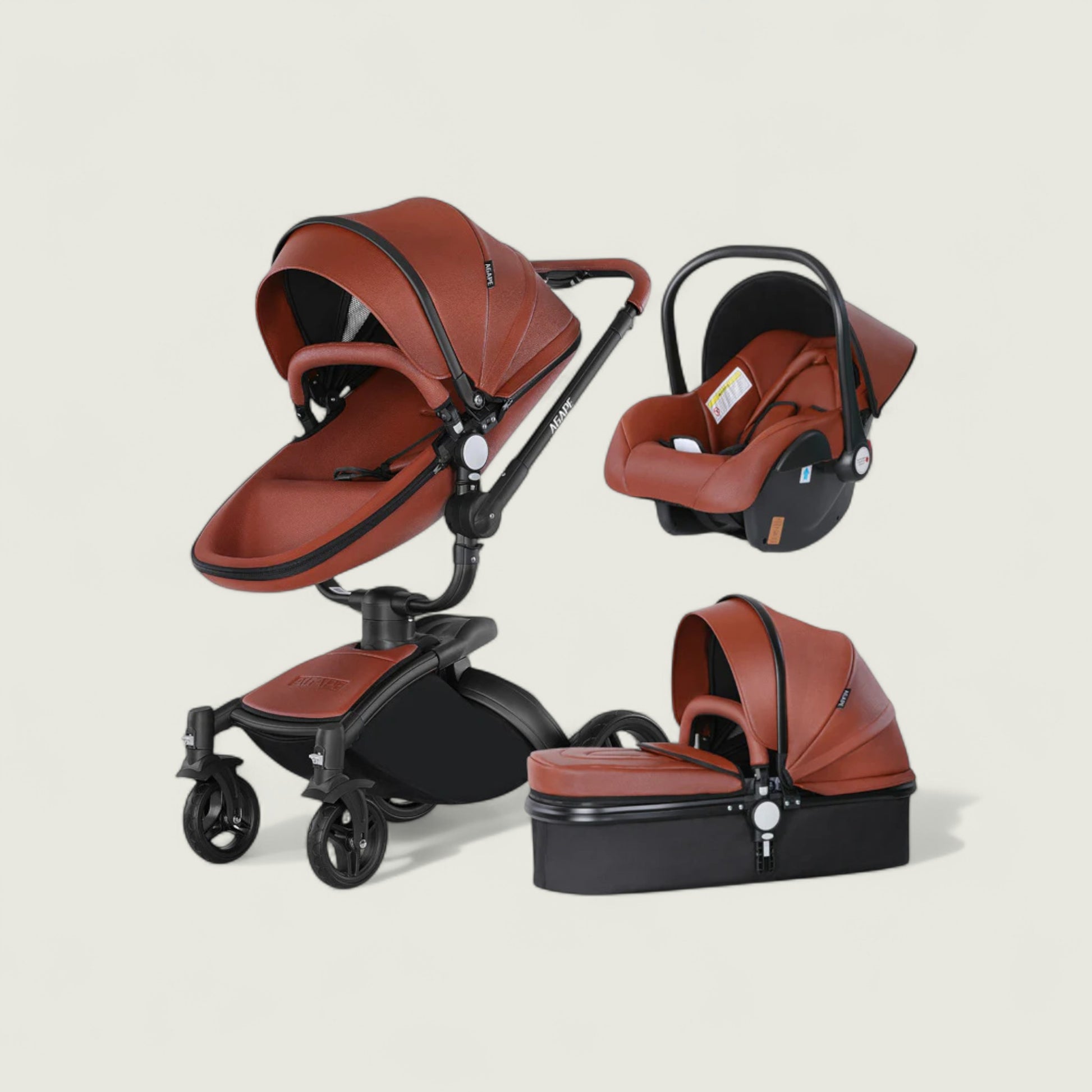 Brown baby stroller and car seat set on a beige background