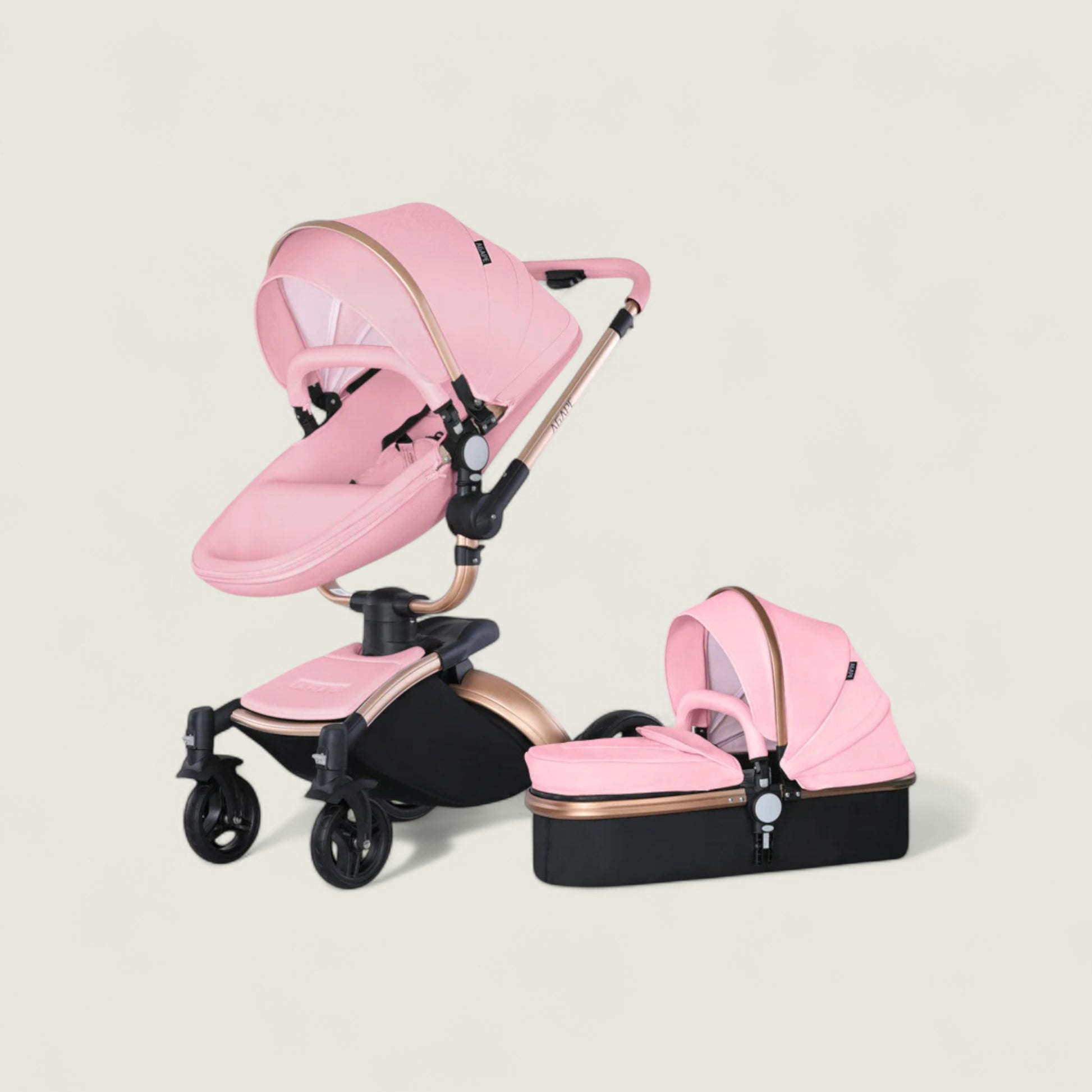 Pink baby stroller with black base on a light beige background