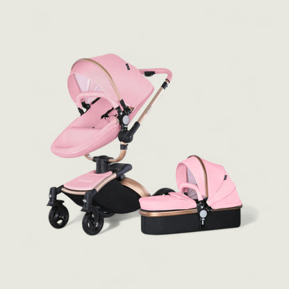 Pink baby stroller with black base on a light beige background