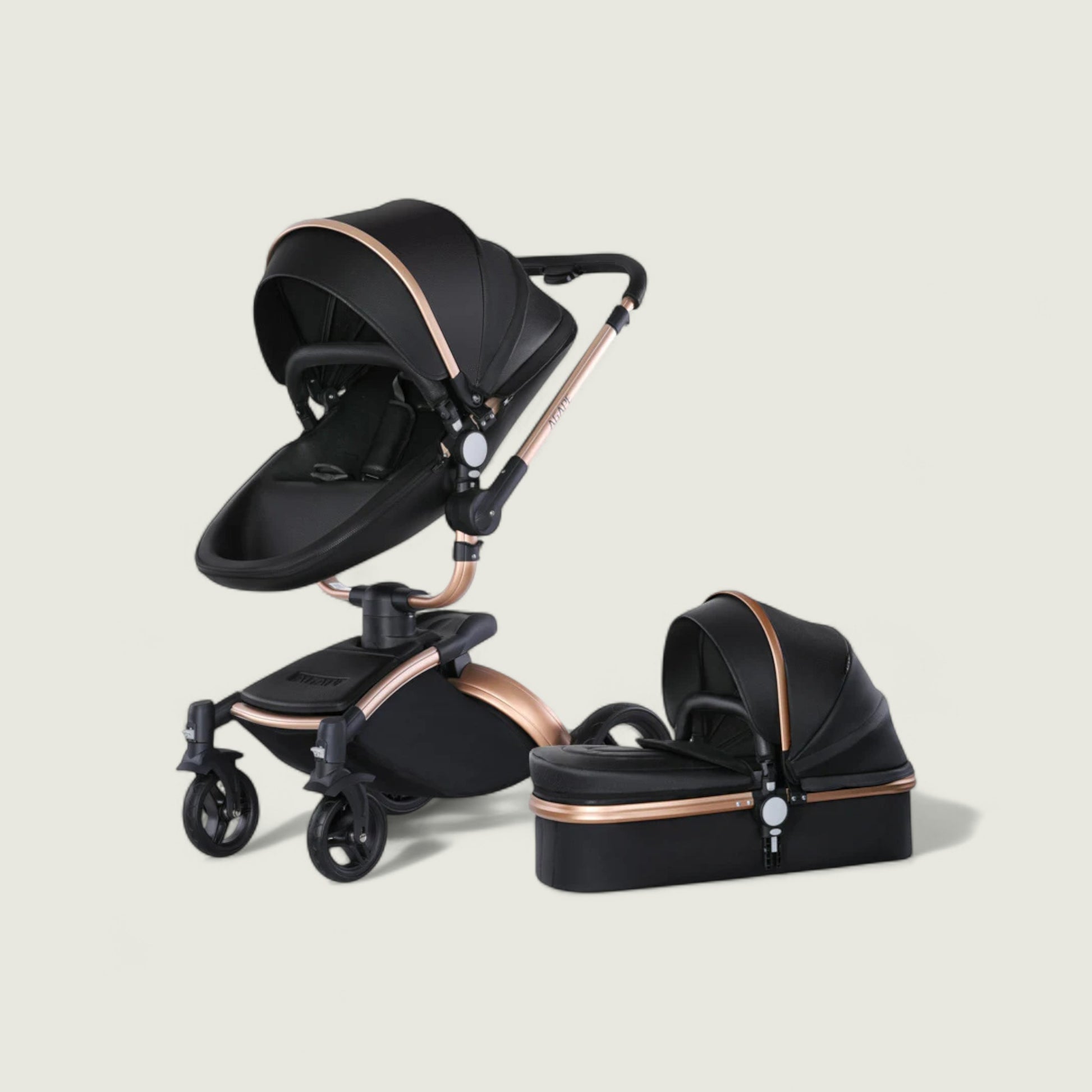 Black and rose gold baby stroller on a beige background