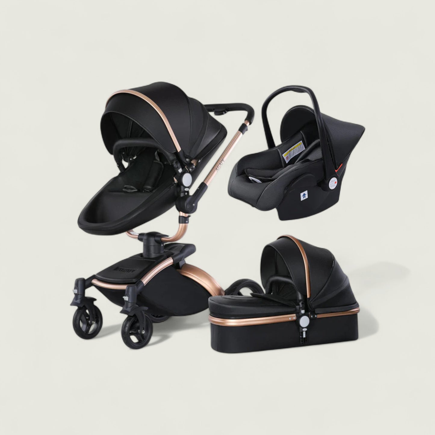 Black and rose gold baby stroller set on a light beige background
