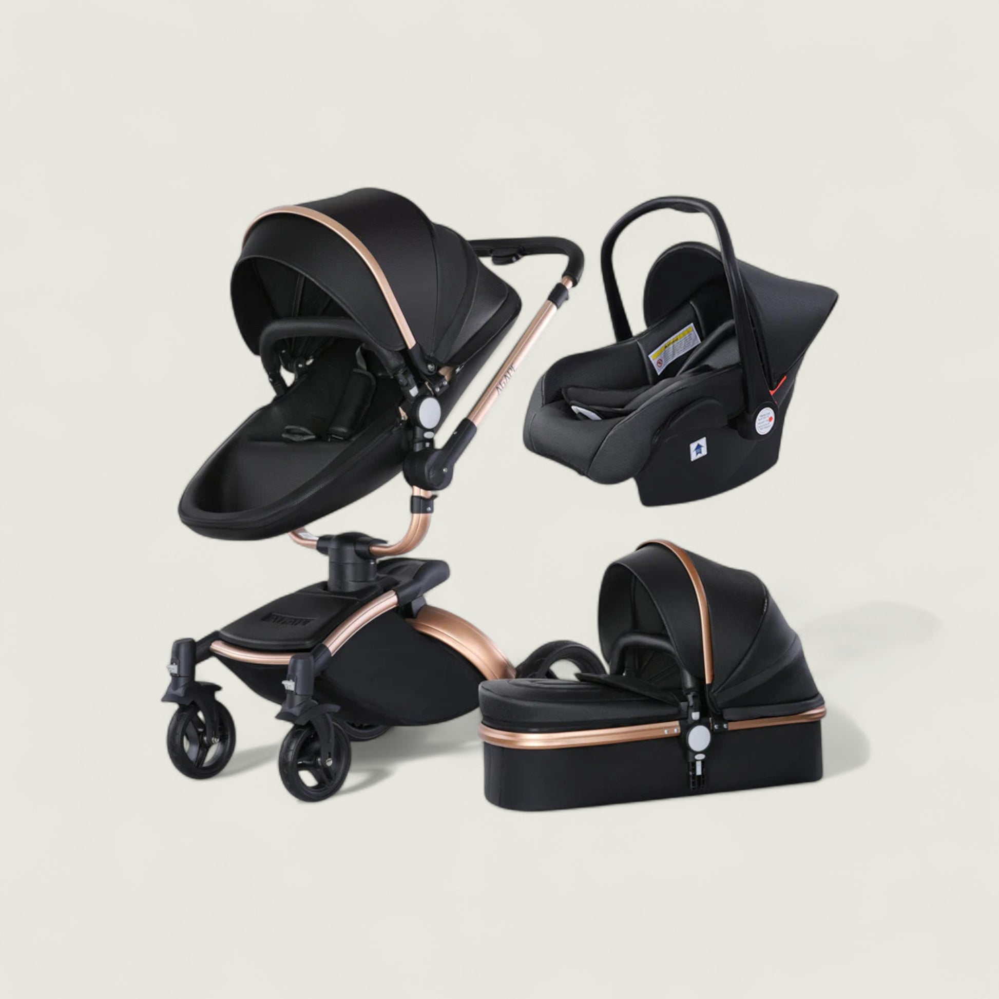 Black and rose gold baby stroller set on a light beige background