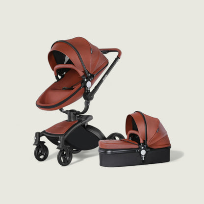 Brown and black baby stroller on a beige background