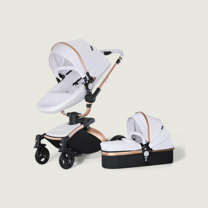 White baby stroller with black base on a beige background