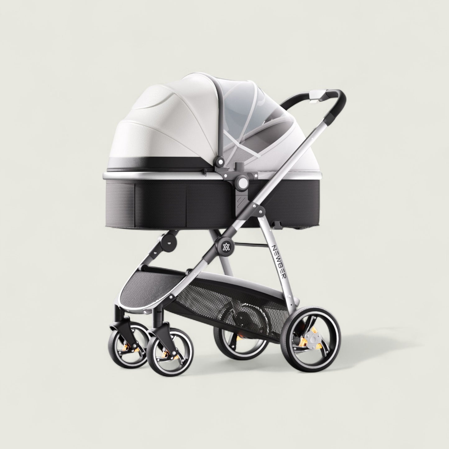 White and gray baby stroller on a light gray background