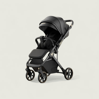 Black stroller on a light beige background