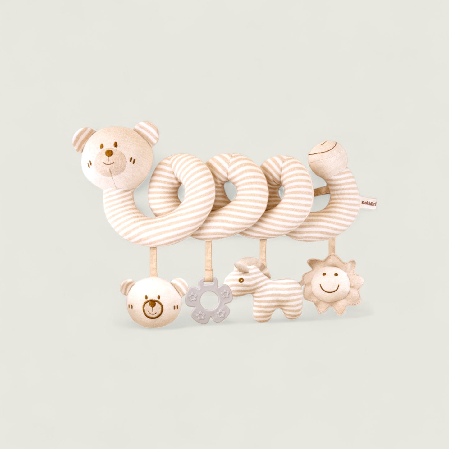 Baby toy with striped rings and animal figures on a light gray background
