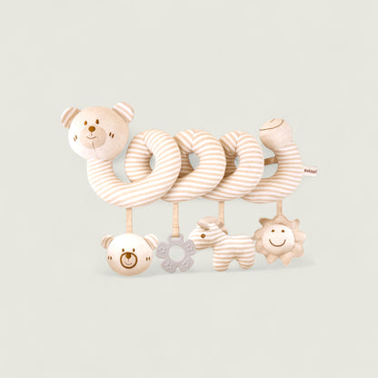 Baby toy with striped rings and animal figures on a light gray background