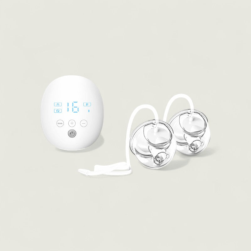 White electronic device with digital display and two clear components on a light gray background