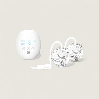 White electronic device with digital display and two clear components on a light gray background