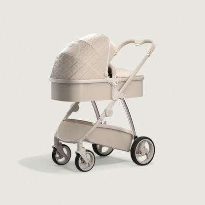 Beige baby stroller with quilted canopy on a light gray background