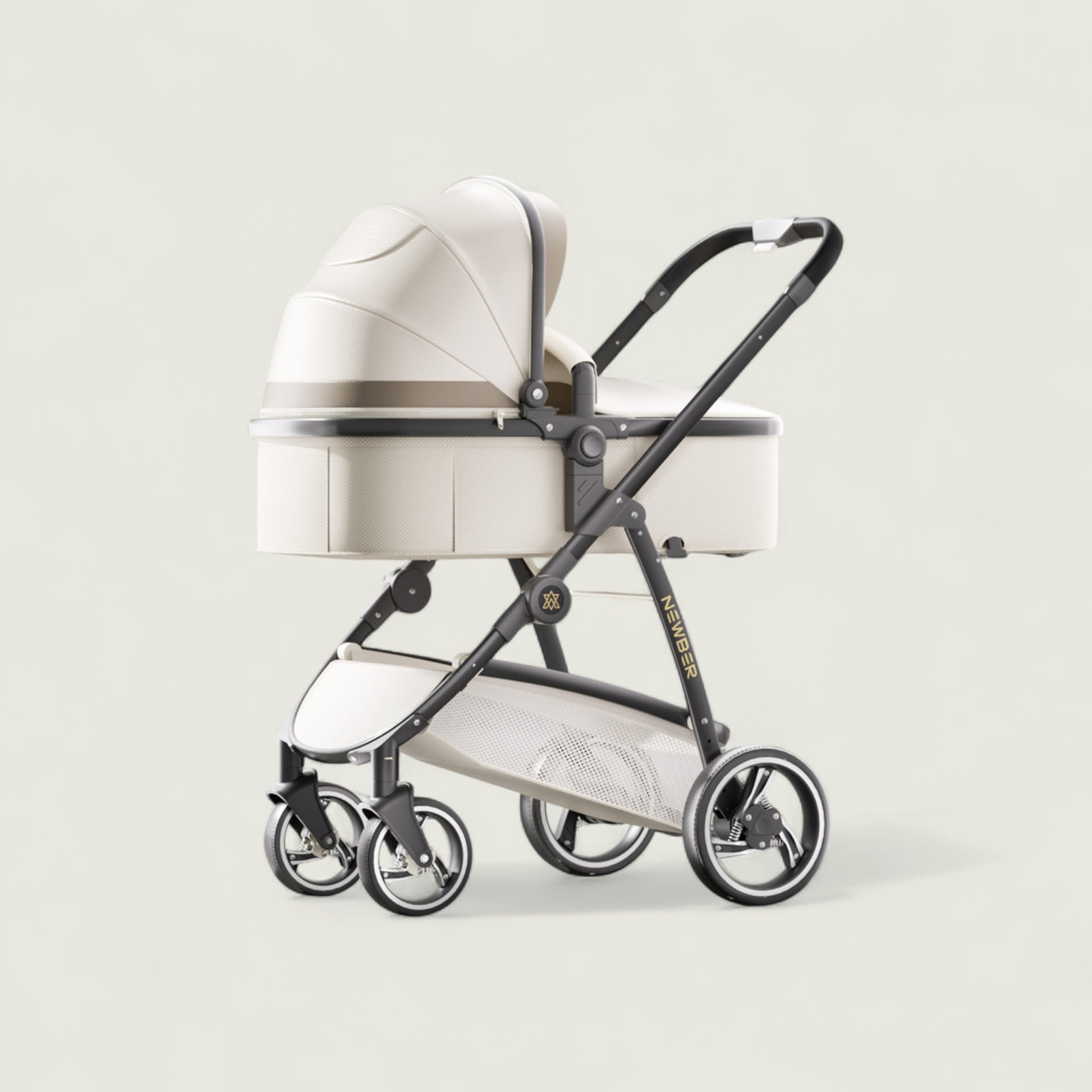 Baby stroller with white canopy on a light gray background