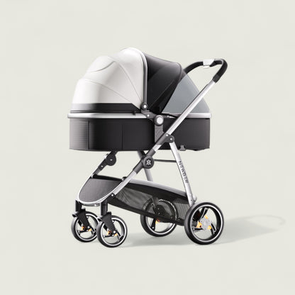 Baby stroller with a white and black design on a light gray background