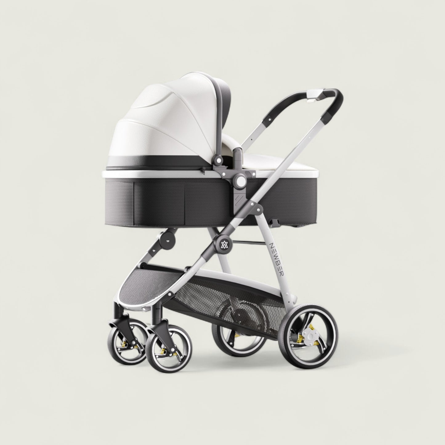 Baby stroller with white canopy and black base on a light gray background