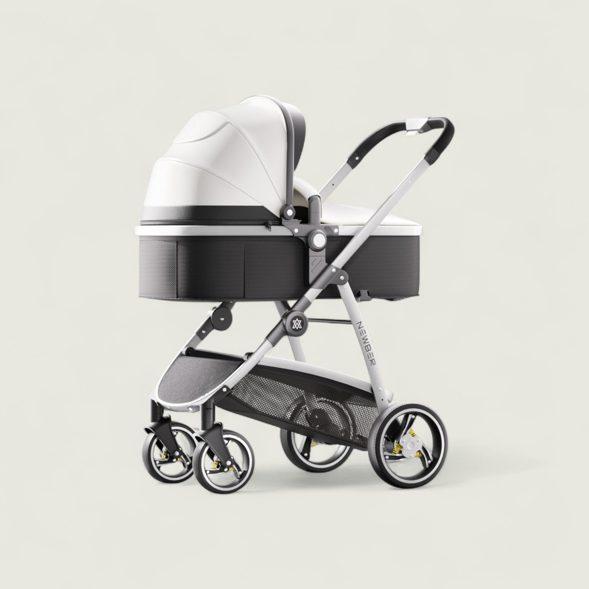 Baby stroller with white canopy and black base on a light gray background