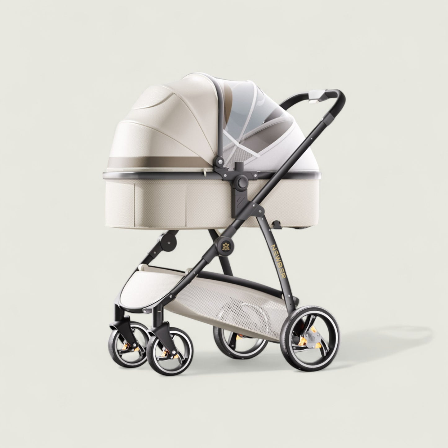Baby stroller with beige canopy on a light gray background