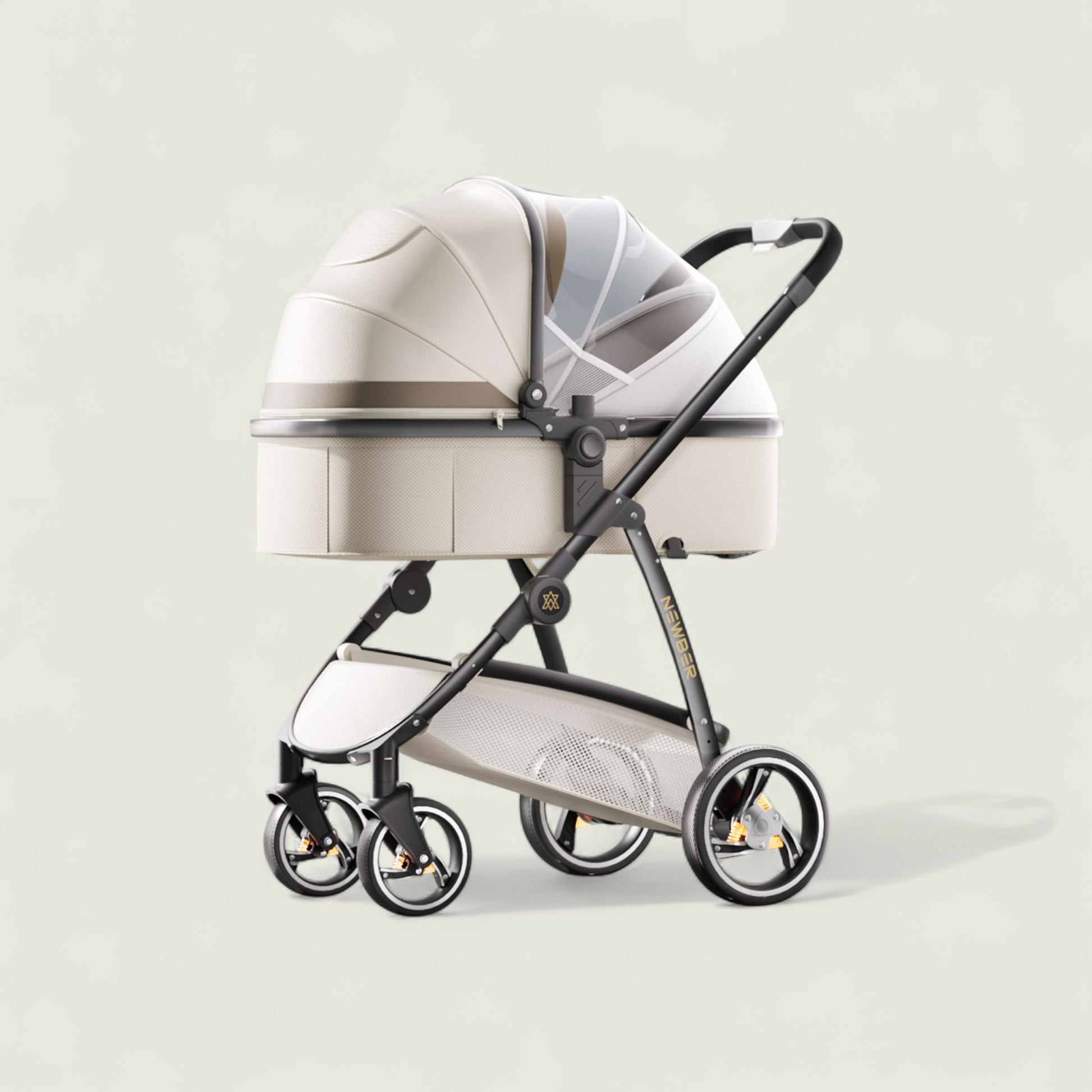 Baby stroller with beige canopy on a light gray background