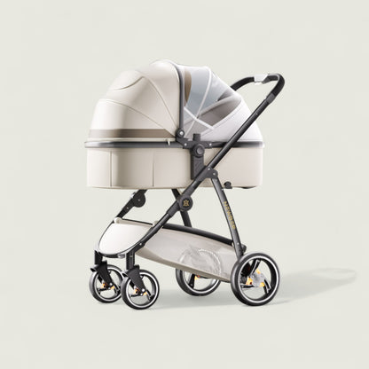 Baby stroller with beige canopy on a light gray background