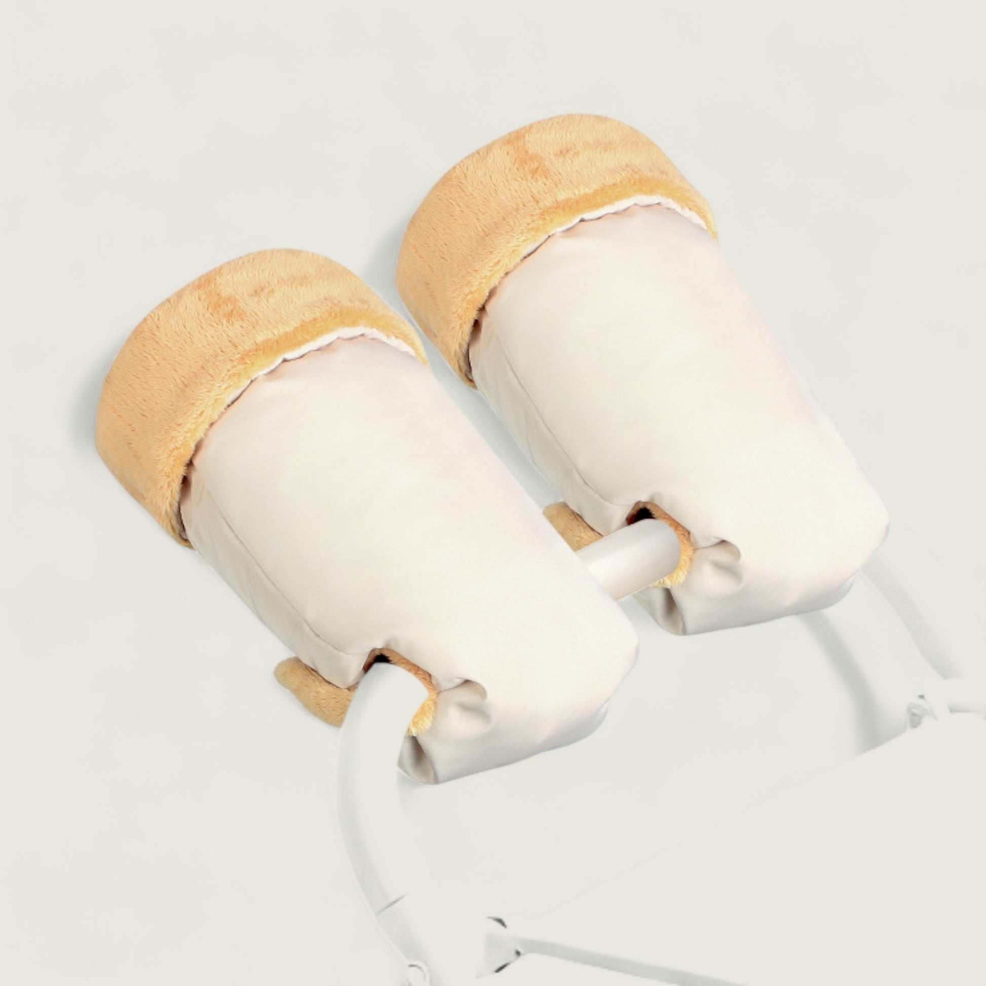 White earbuds with cork-like tips on a light gray background