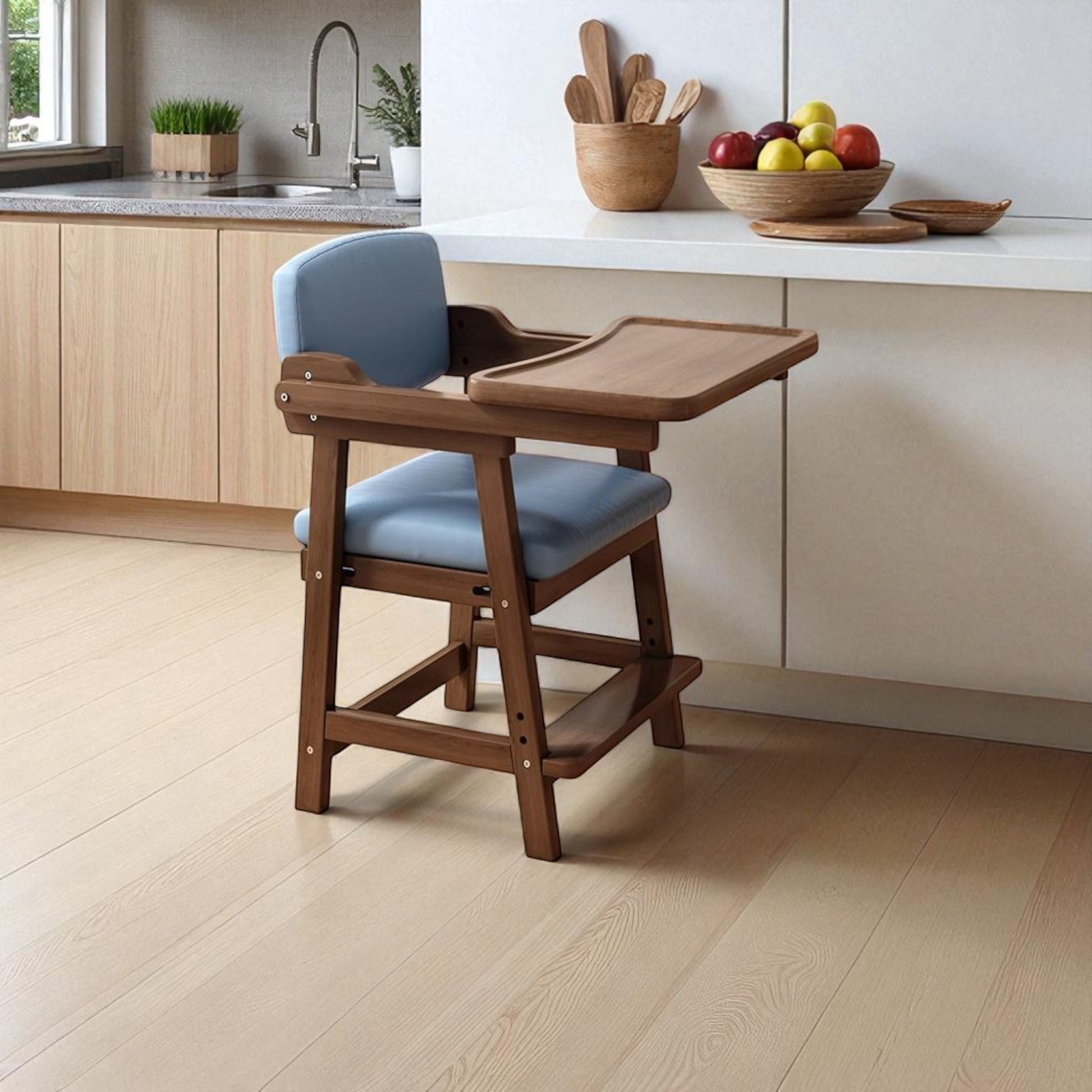 Wooden high chair with blue cushion in a kitchen setting