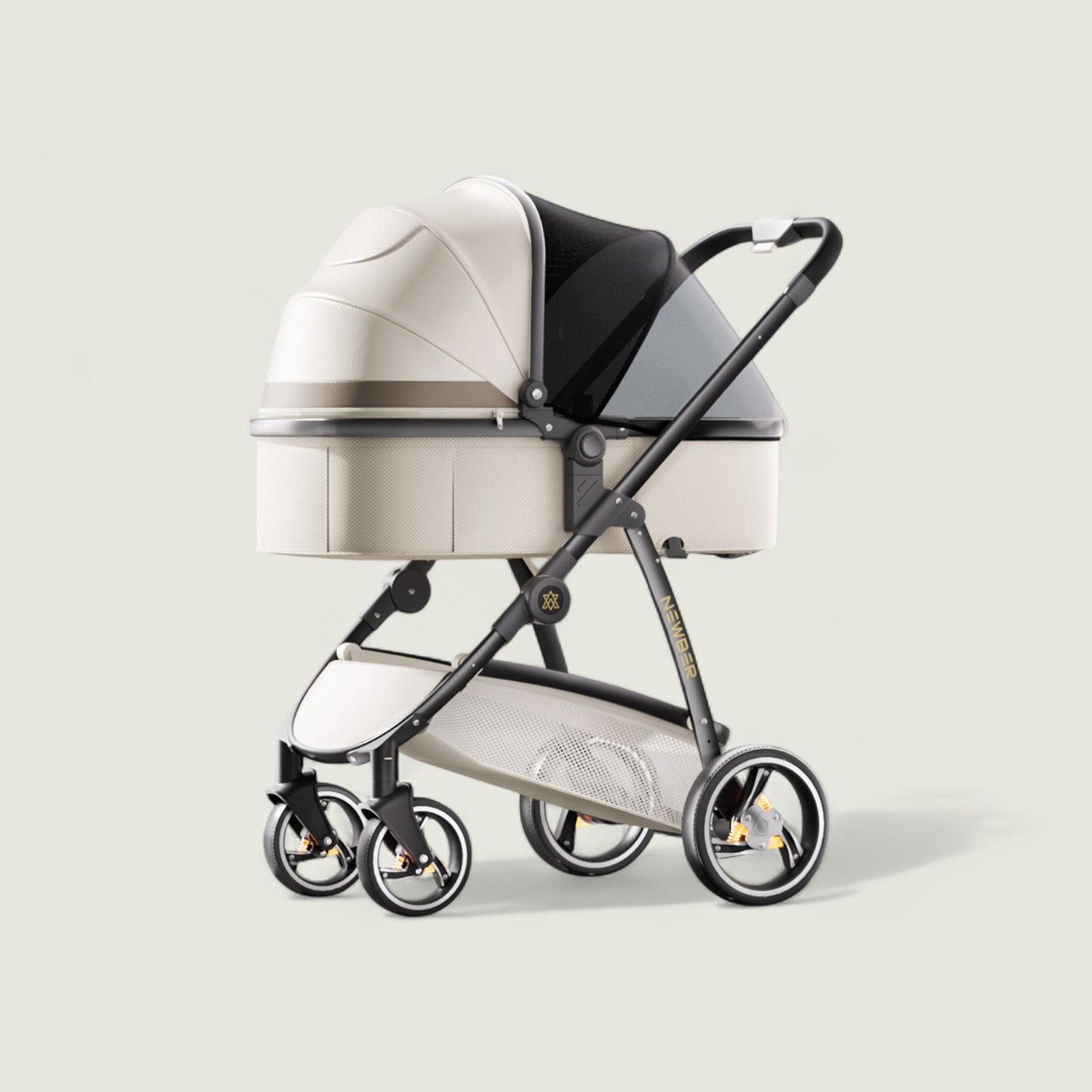 Baby stroller with a beige cover on a light gray background