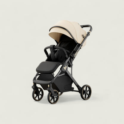 Black and beige stroller on a light gray background