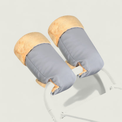 Pair of cork and gray earbuds on a light gray background