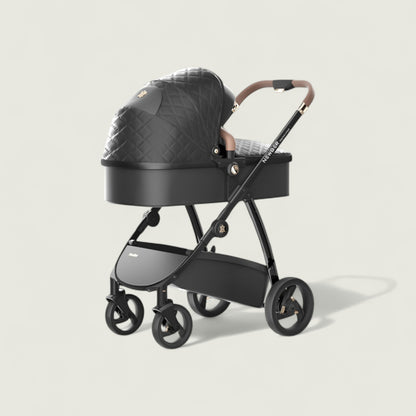 Black baby stroller with quilted black cover on a light beige background
