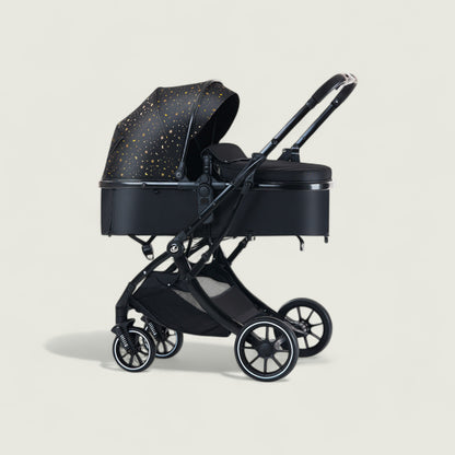 Black baby stroller with star-patterned canopy on a light beige background