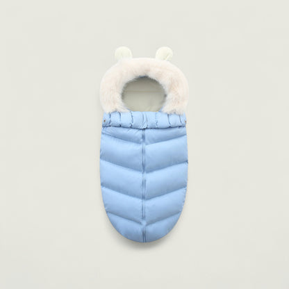 Light blue baby sleeping bag with white fur trim on a light gray background