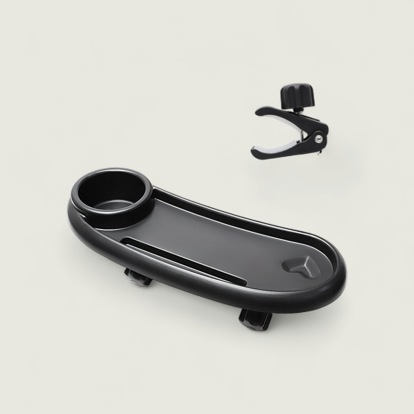 Black bike mount and clip on a light gray background