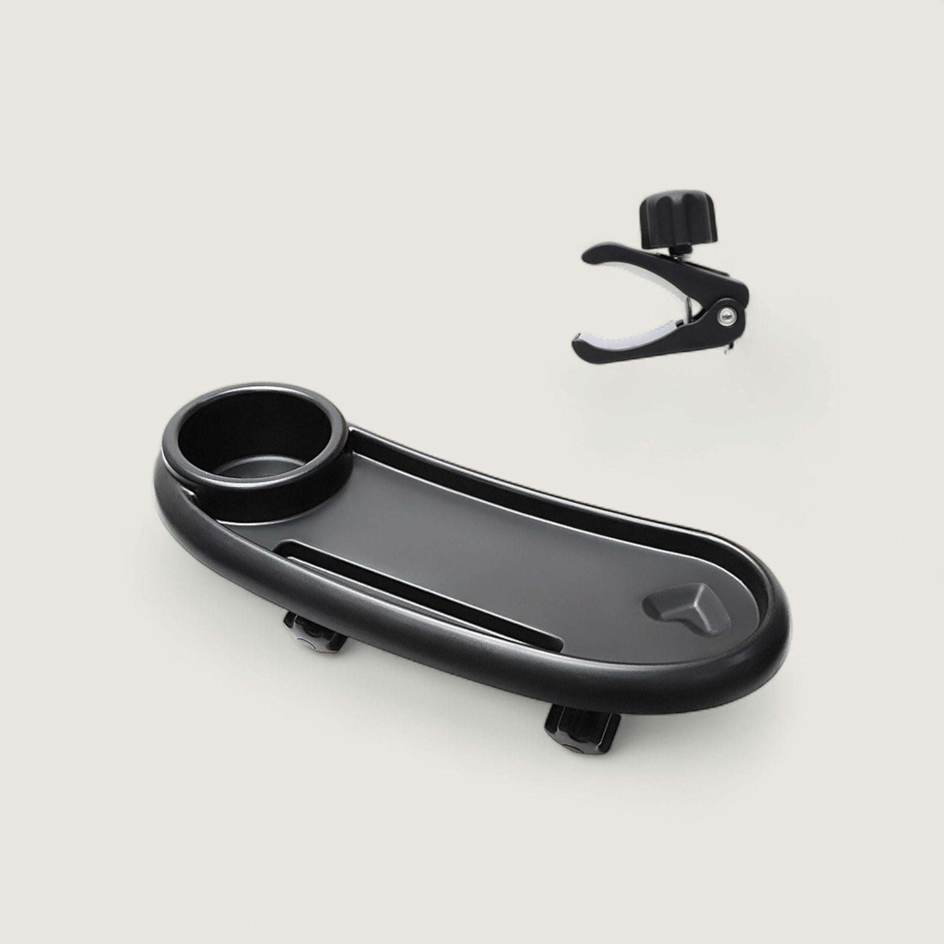 Black bike mount and clip on a light gray background