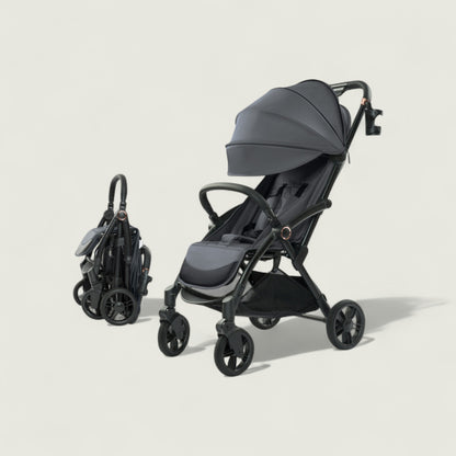Black and gray stroller on a beige background