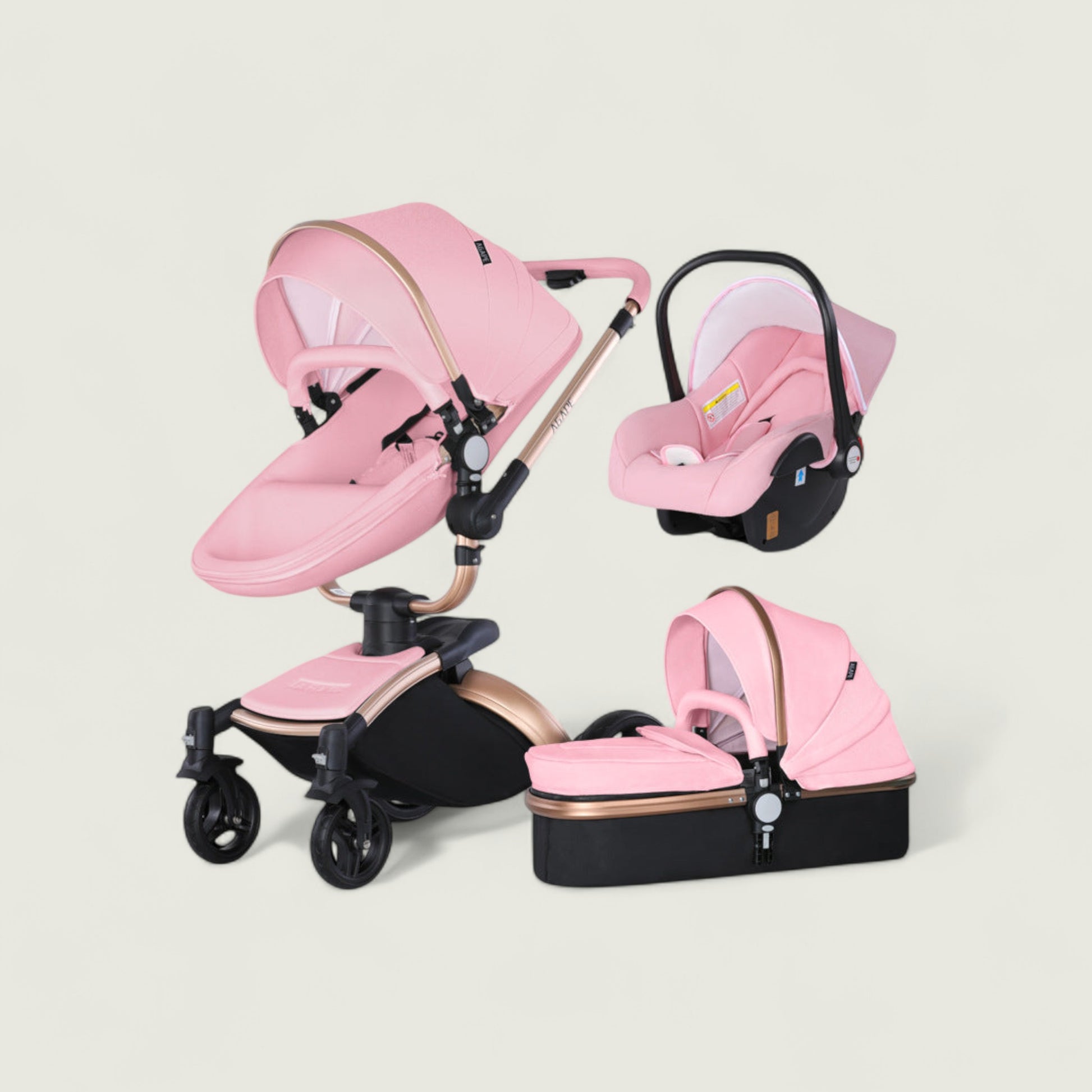 Pink baby car seat and stroller set on a light beige background