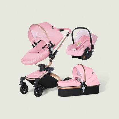 Pink baby car seat and stroller set on a light beige background