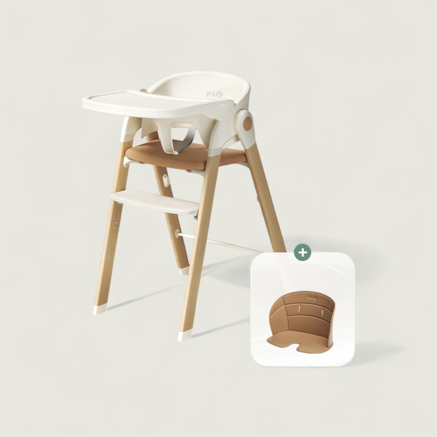 Wooden high chair with a white tray on a light gray background