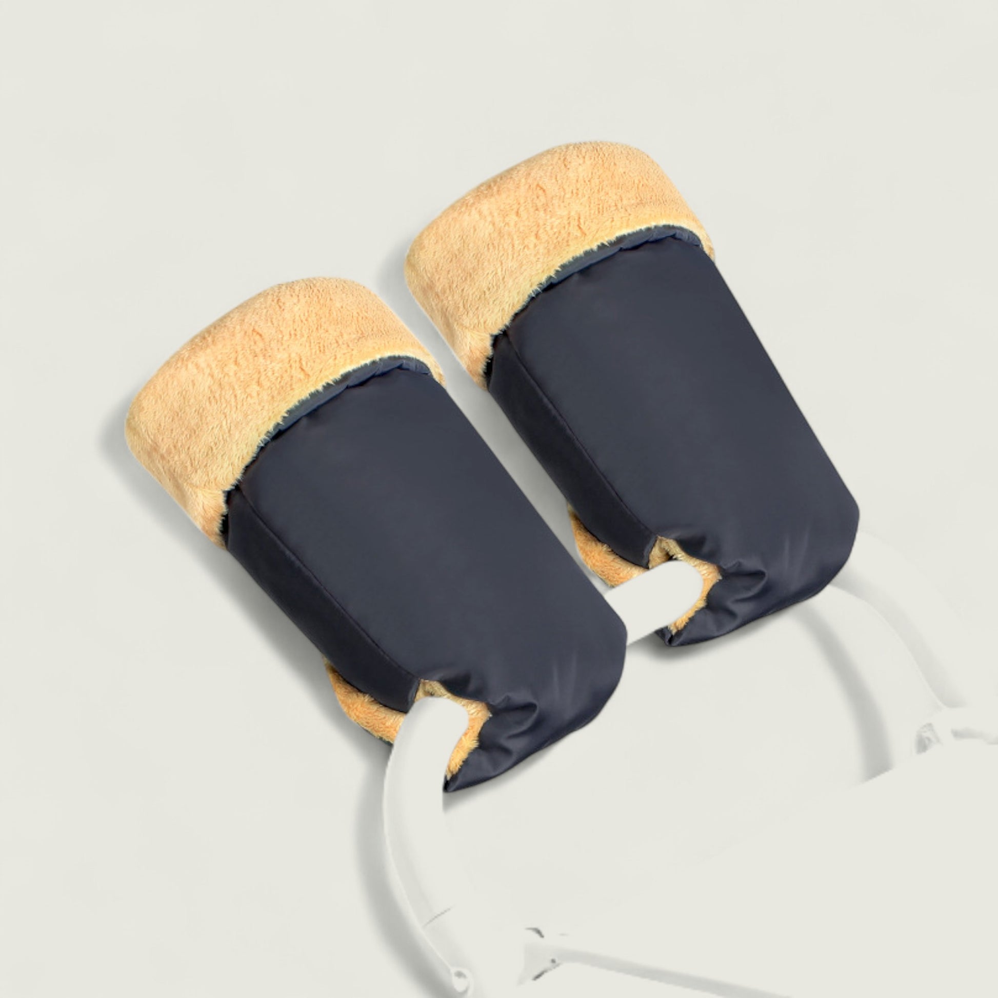 Pair of black and beige neck pillows on a light gray background