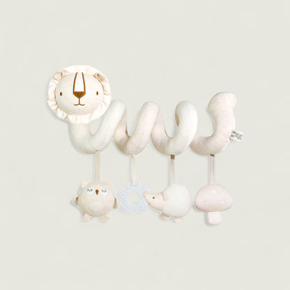 Children's toy with lion, bear, and bird designs on a light gray background